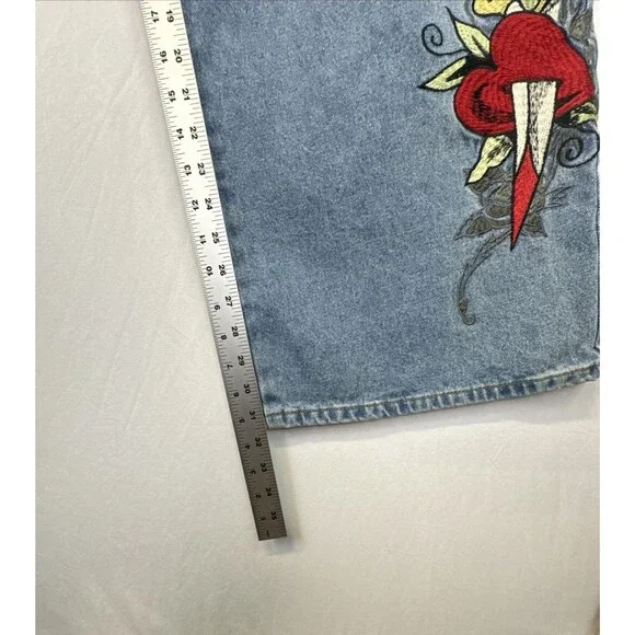 Ed Hardy Embroidered Heart Wide Leg Jeans Retro skater Denim 32 NWT - Picture 11 of 16